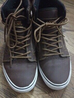 Vans Brown Leather High-Top Sneakers with Tan Accents